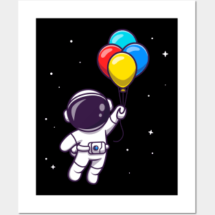 Astronaut Floating With Balloons Cartoon Posters and Art